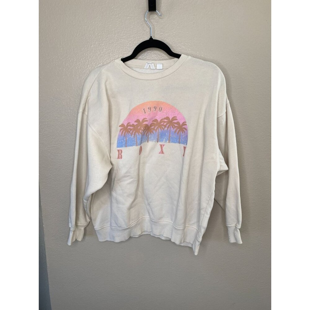 Roxy Womens 1990 Crewneck‎ Sweatshirt S Beige Palm Tree Graphic Cotton/polyester